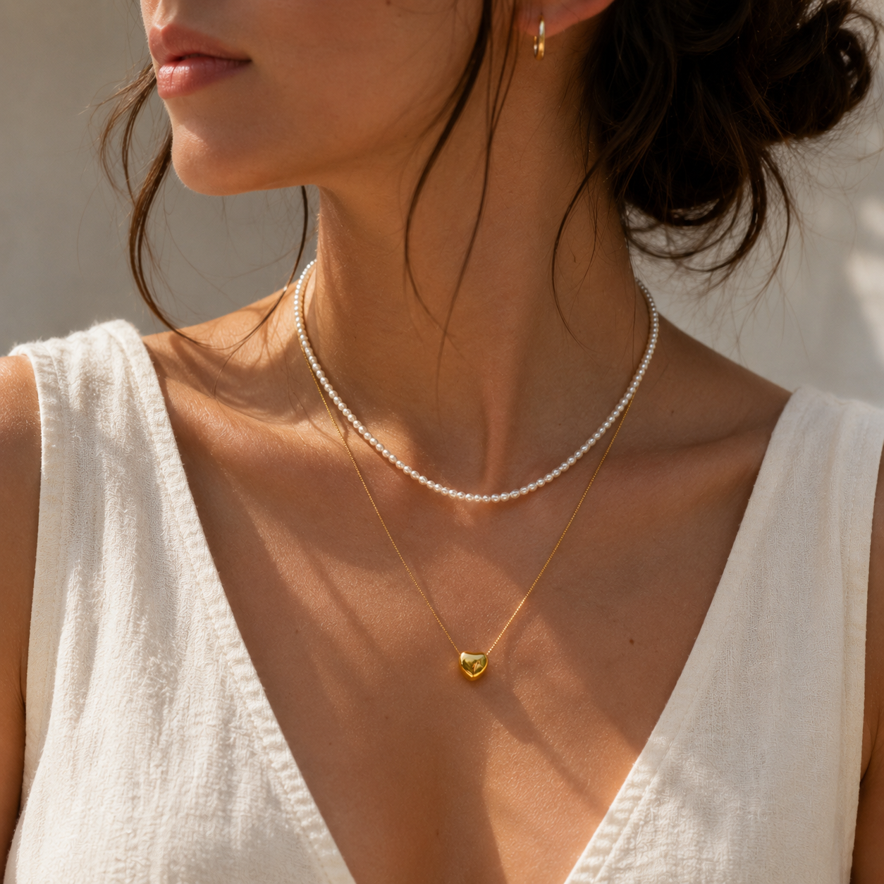 Doble Collar - Corazón Dorado y Perlas