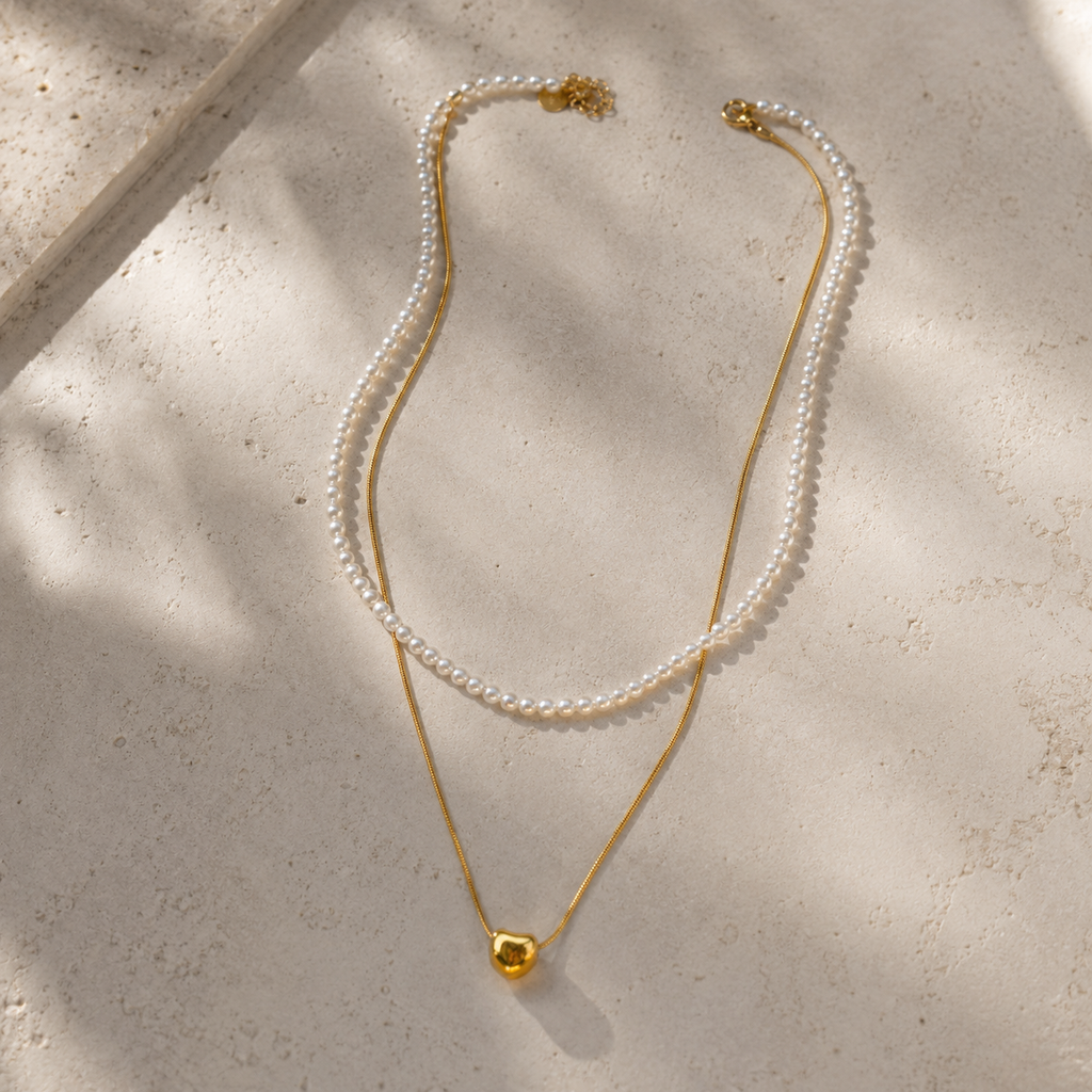 Doble Collar - Corazón Dorado y Perlas
